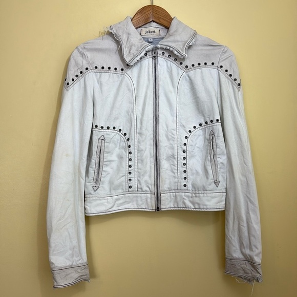 Jakket NY | Cream White Leather & Twill Riveted Studded Zip Pocket Moto Jacket S - Picture 8 of 16